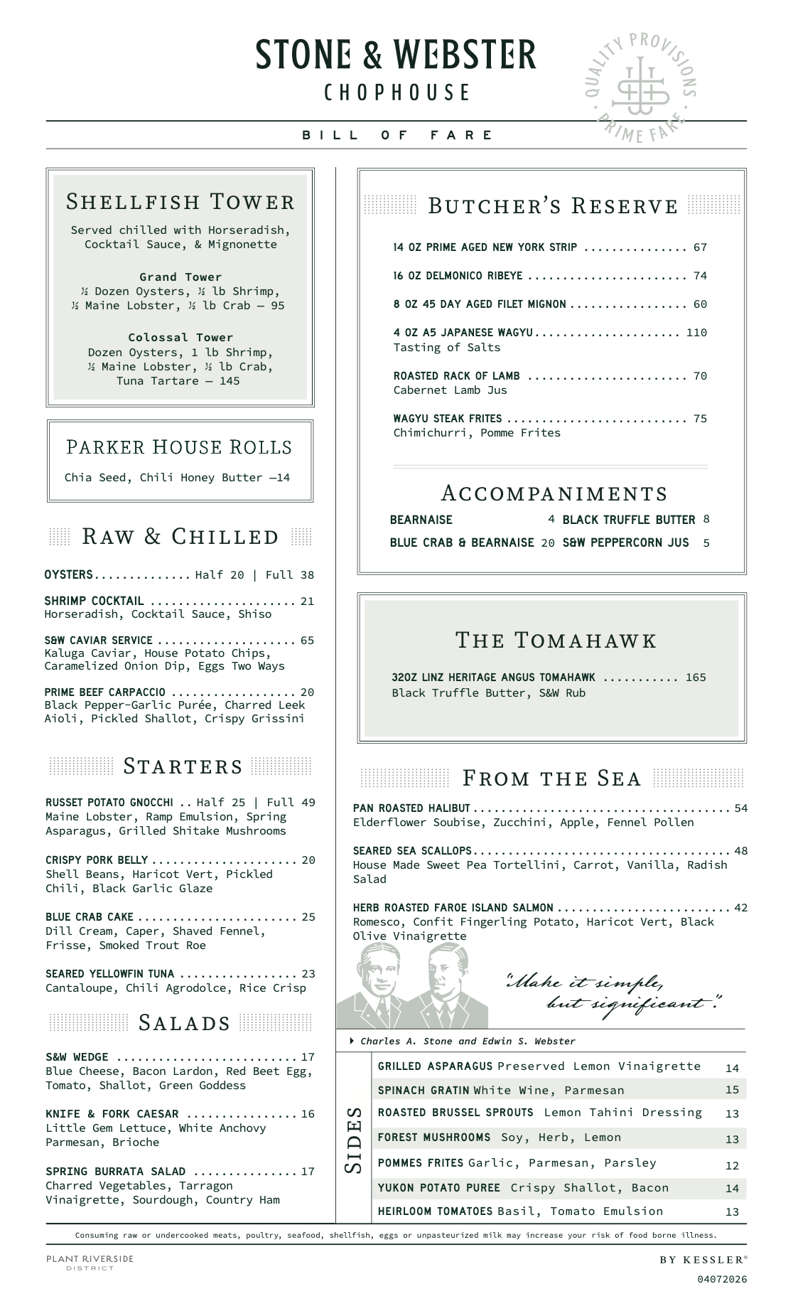 Stone and Webster Chophouse steakhouse menu in Savannah