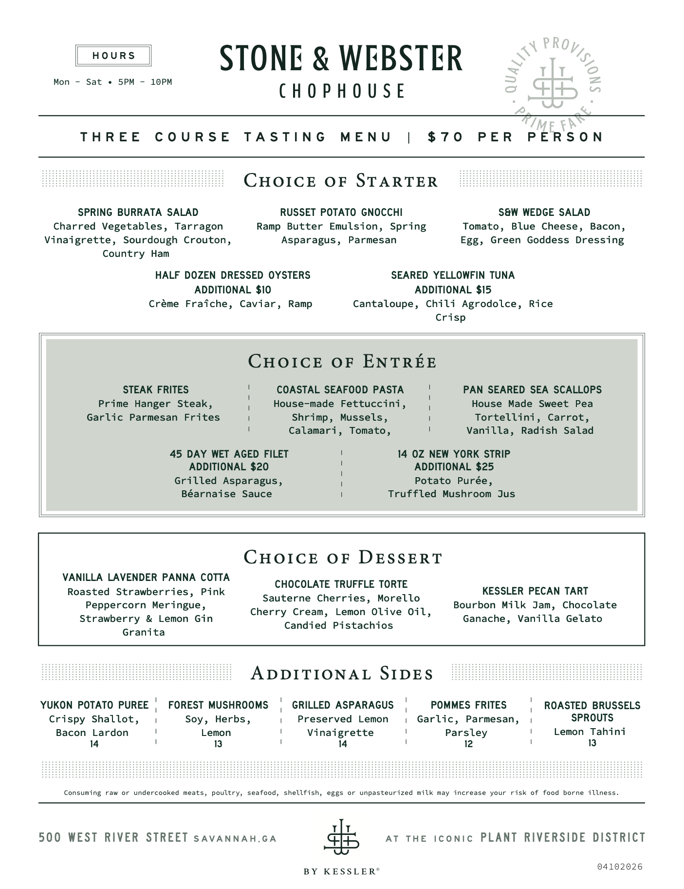 Stone and Webster Chophouse steakhouse tasting menu