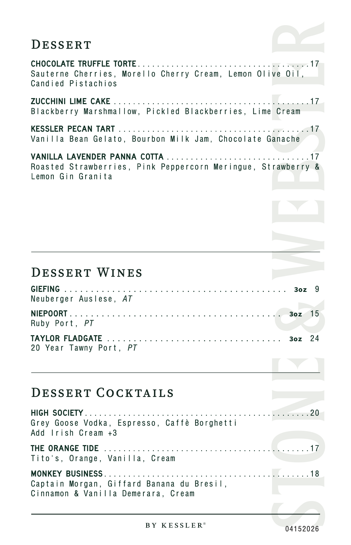 Stone and Webster Dessert menu Spring 2026