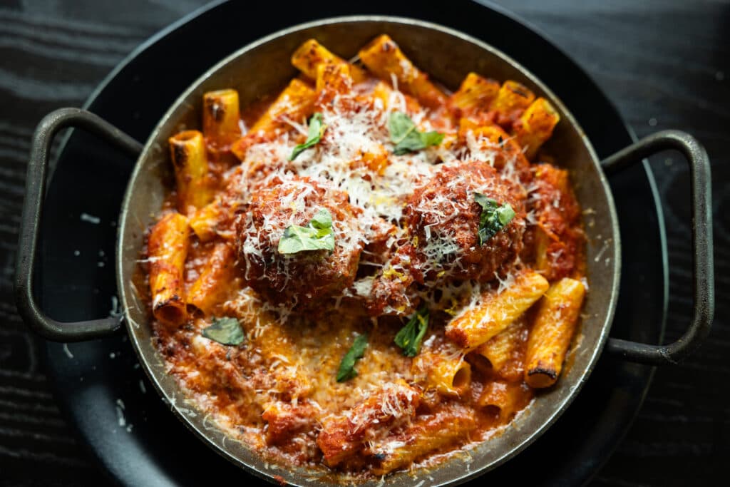 Pasta and meatballs at Graffito at Plant Riverside District Savannah