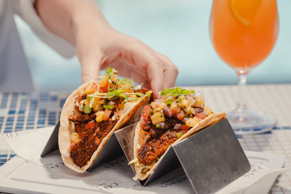 Food/tacos at Compass Pool Lounge at Plant Riverside District Savannah