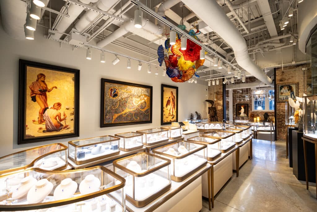 Kessler Diva fine jewelry and art and sculptures at Plant Riverside District Savannah