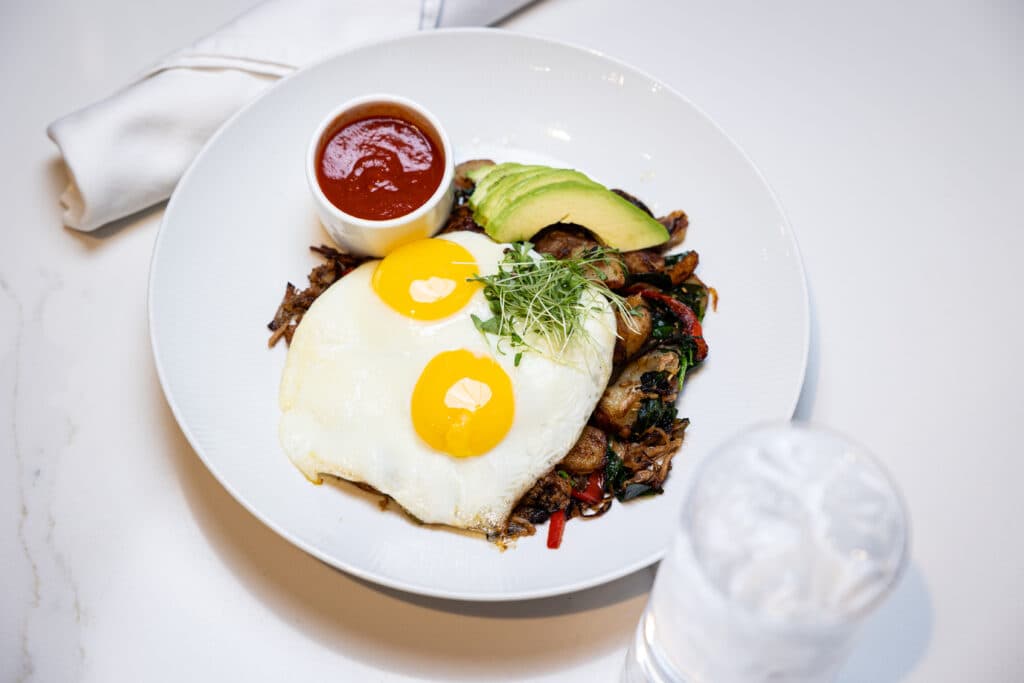 Plated Breakfast eggs and avocados at Turbine Market + Cafe Savanah