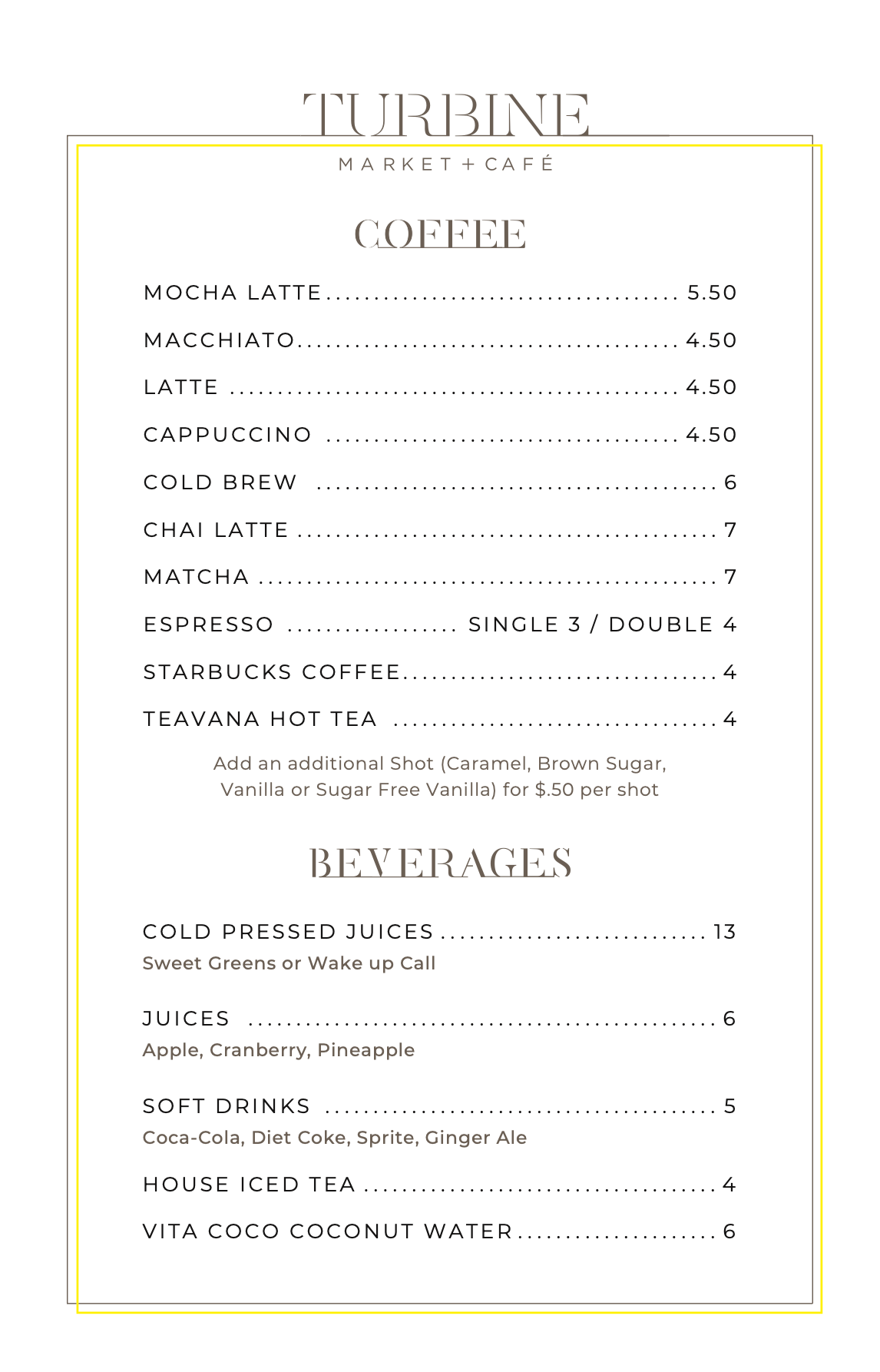 Turbine Market + Cafe Drinks menu