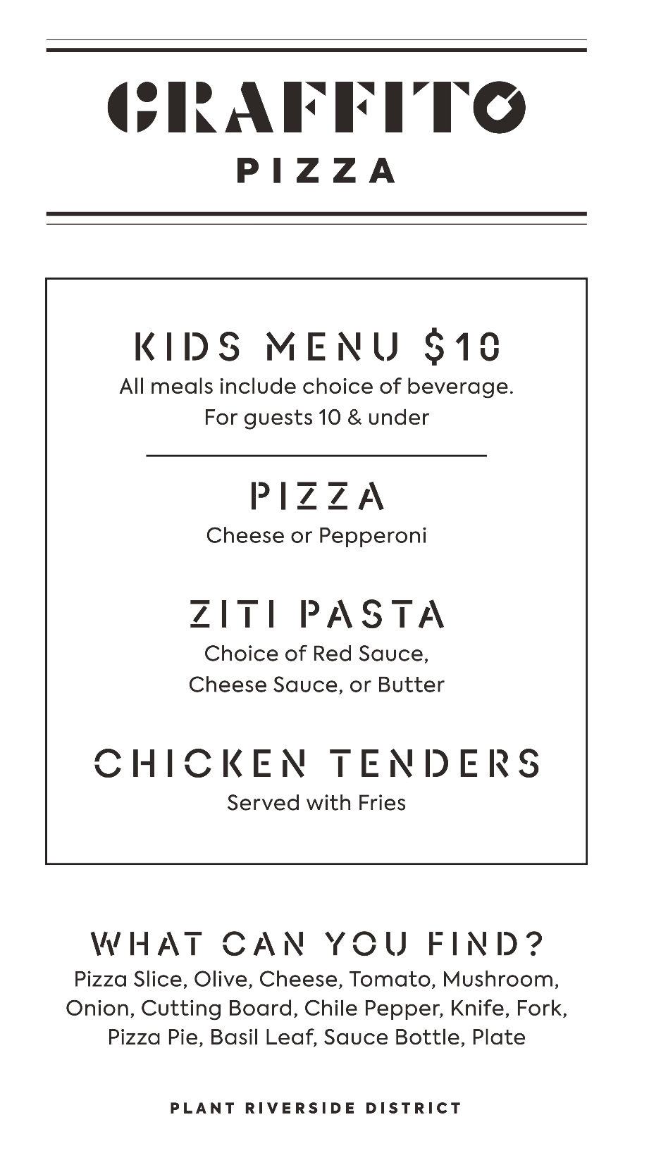 Kids Menu at Graffito at Plant Riverside District