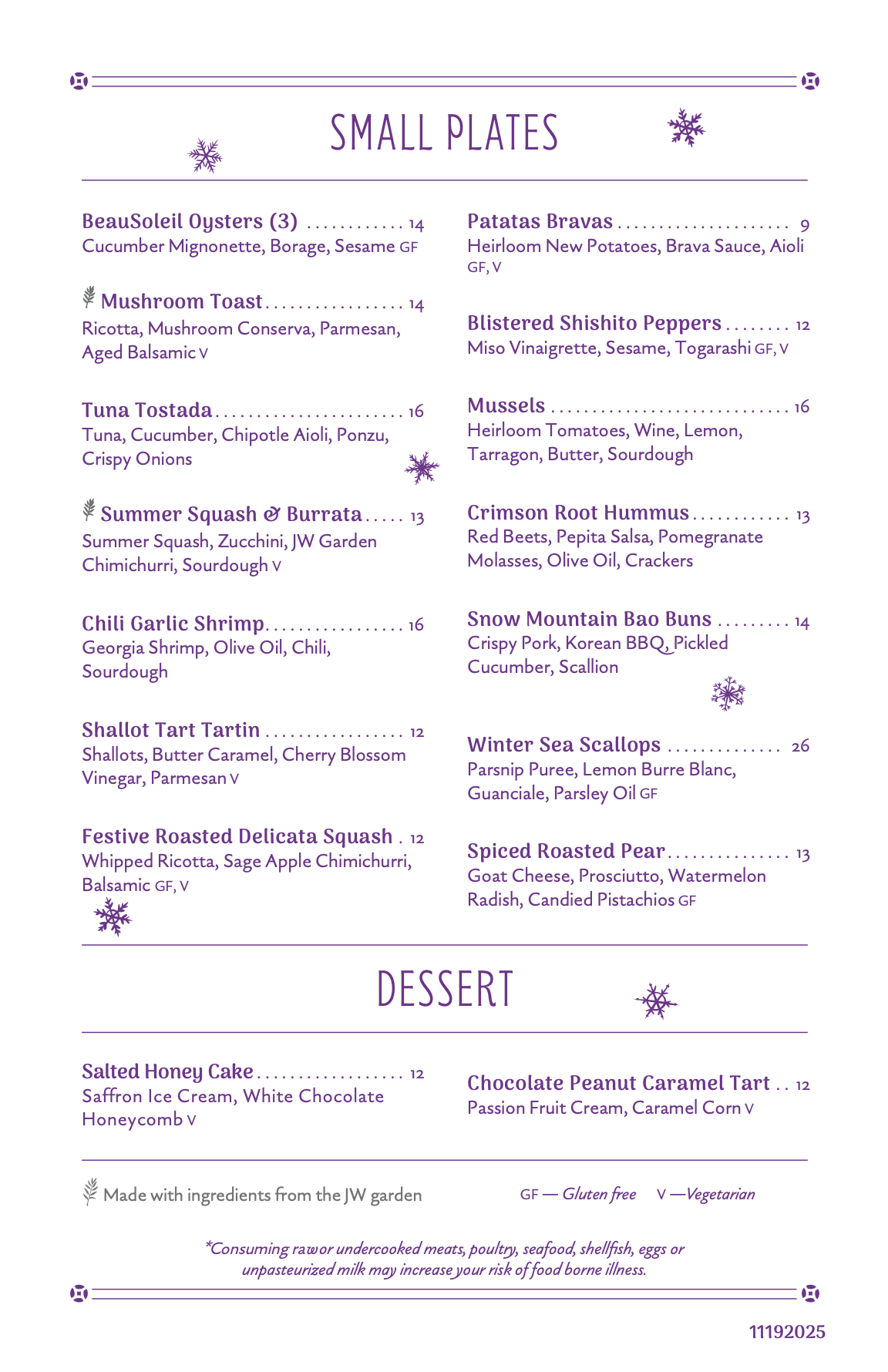 Myrtle and Rose Up on the Rooftop Winter menu