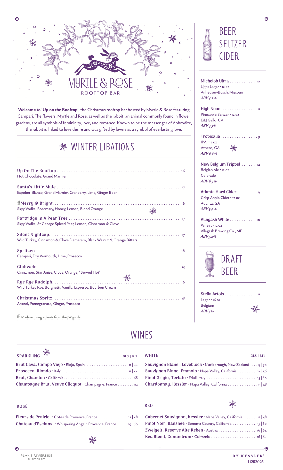 Myrtle and Rose up on the rooftop drinks menu