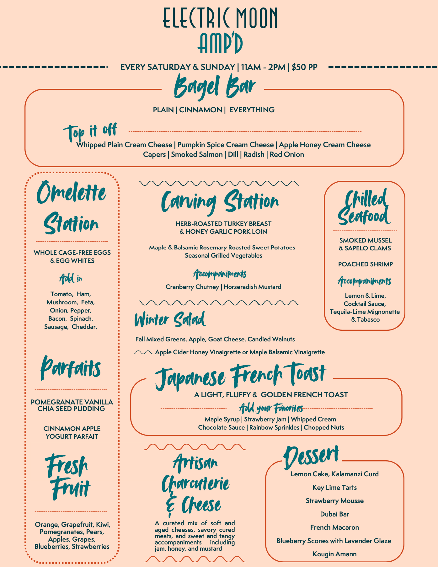 Menu for AMP'D Brunch at Electric Moon