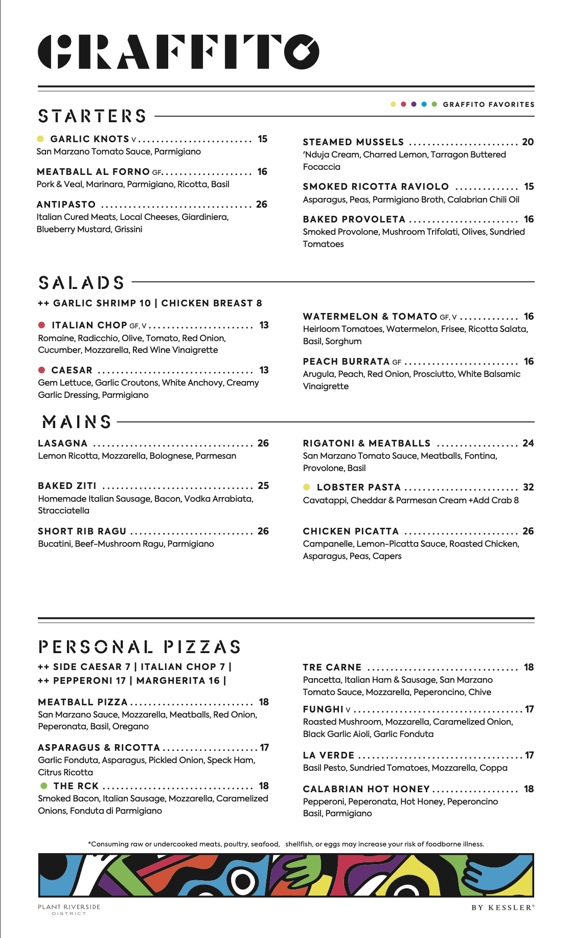 Graffito Spring Menu 2026 Pizza pasta Italian favorites