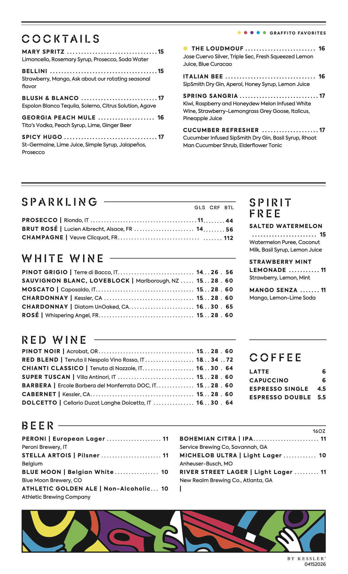 Graffito Spring 2026 Drinks menu
