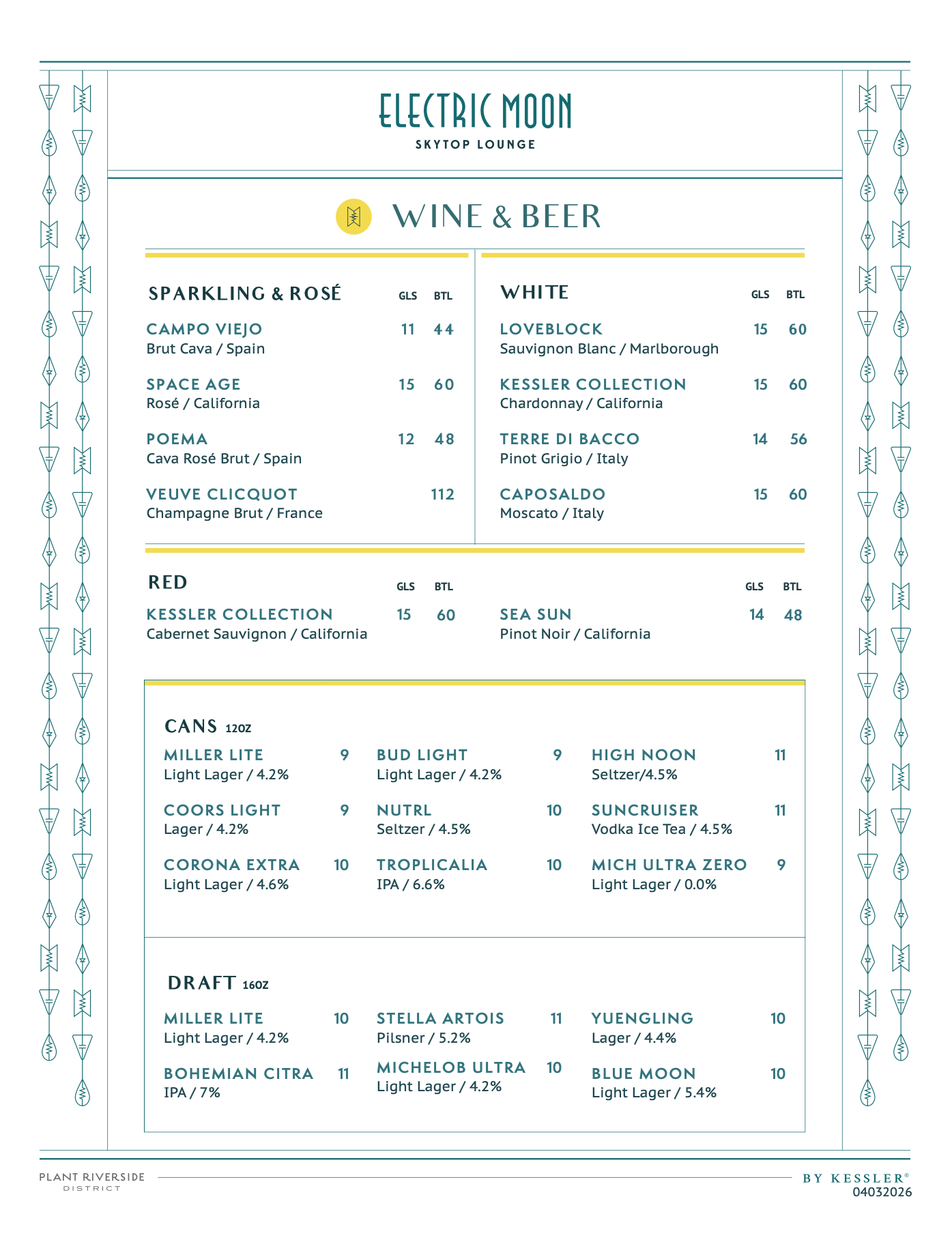 Electric Moon rooftop bar beer and wine