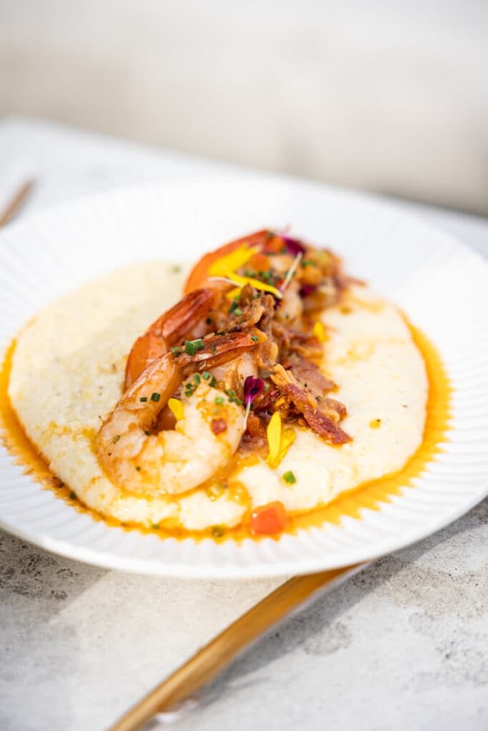 Shrimp and Grits for Mardi Gras Brunch at Myrtle and Rose rooftop bar