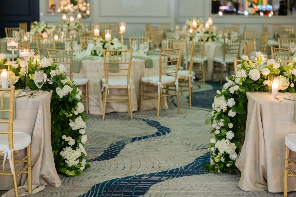 Salzburg Ballroom wedding reception at Plant Riverside District in Savannah, featuring elegant reception décor and table set ups.